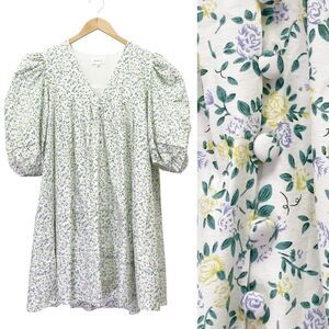 Mable Puff Sleeve Floral Mini Babydoll Dress Size Large White Green Cottagecore